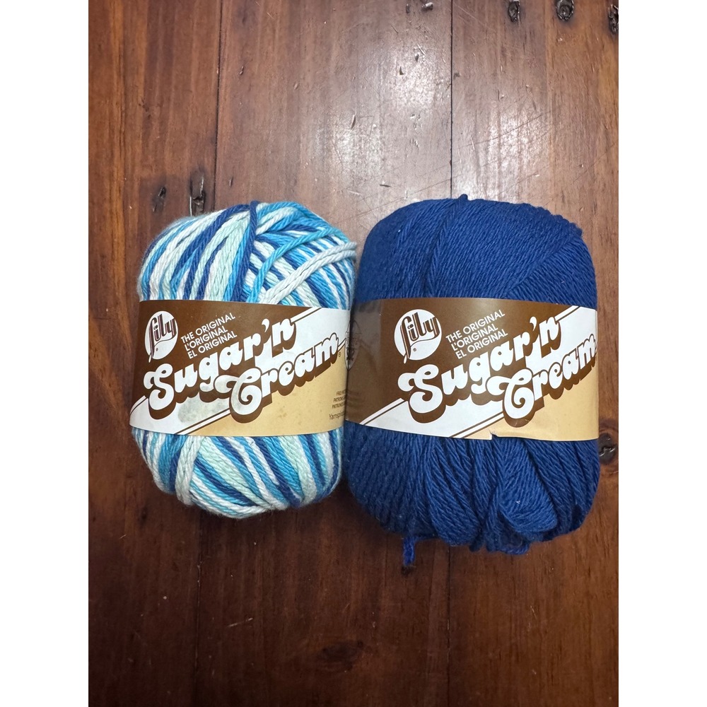 Lily Sugar'n Cream Cotton Yarn Lot Marine Blue & Hippie Variegated 2 Skeins